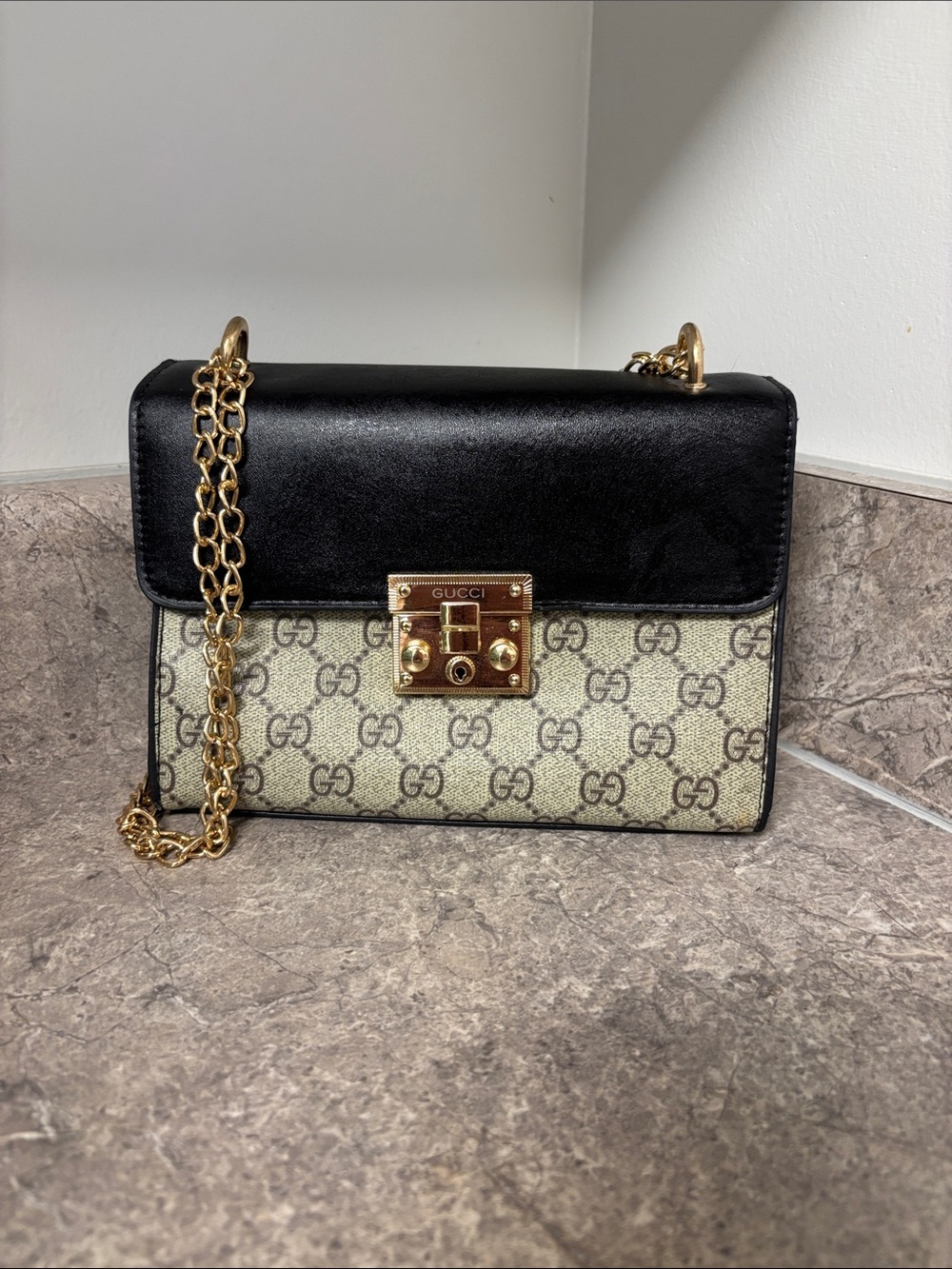Gucci Black and Beige GG Canvas Crossbody with Gold Chain
